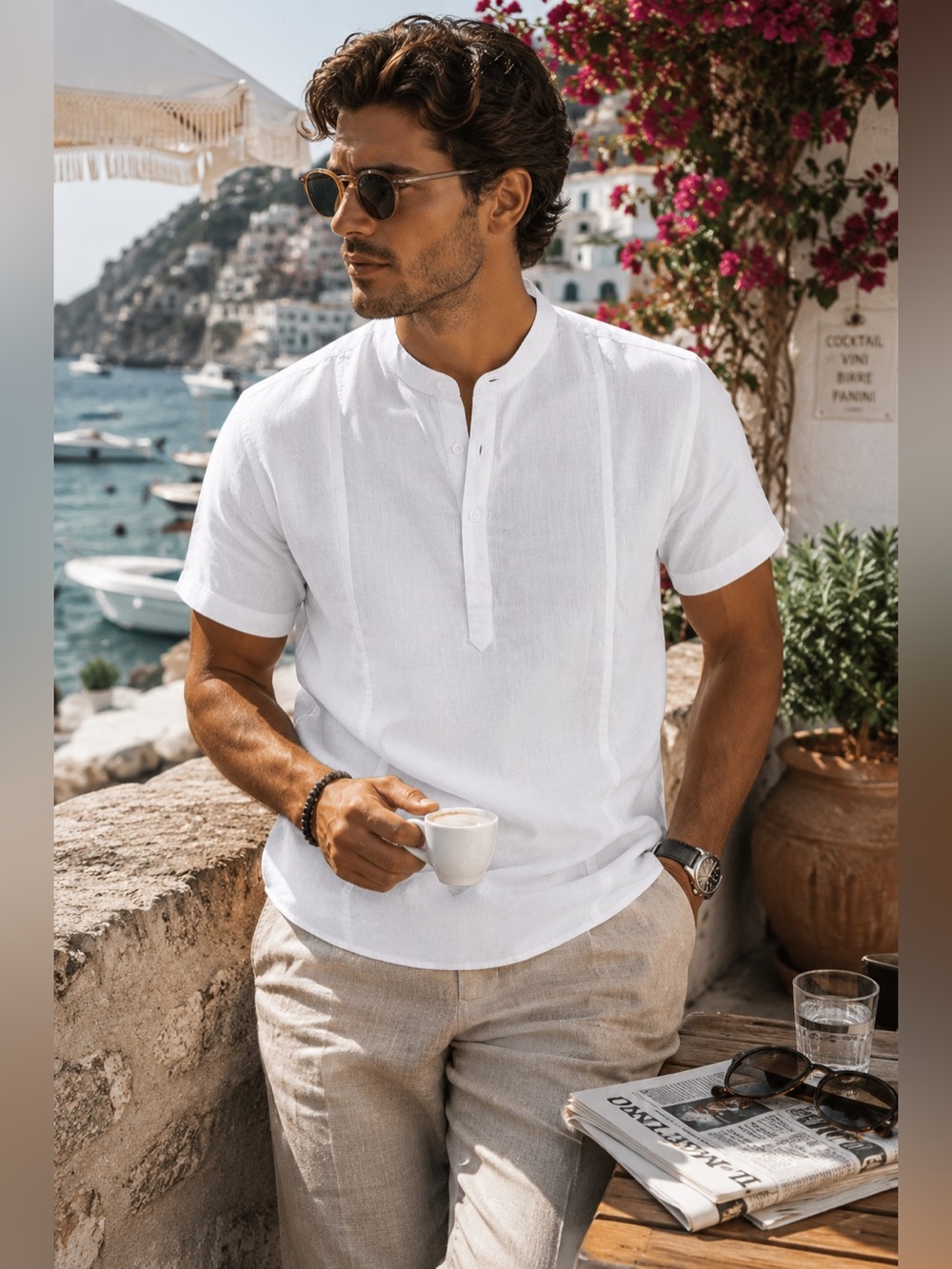 NWT COOFANDY White Band Collar Resort Shirt Mens Large Quiet Luxury Coastal